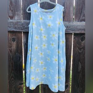 Hanna Andersson Blue Dress Smiling Daisies Dual Pockets 100% Cotton Sz 6/7 Girls